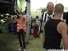Older Faggot Dude Gets Ravaged By Horny Teenagers At A Car Workshop